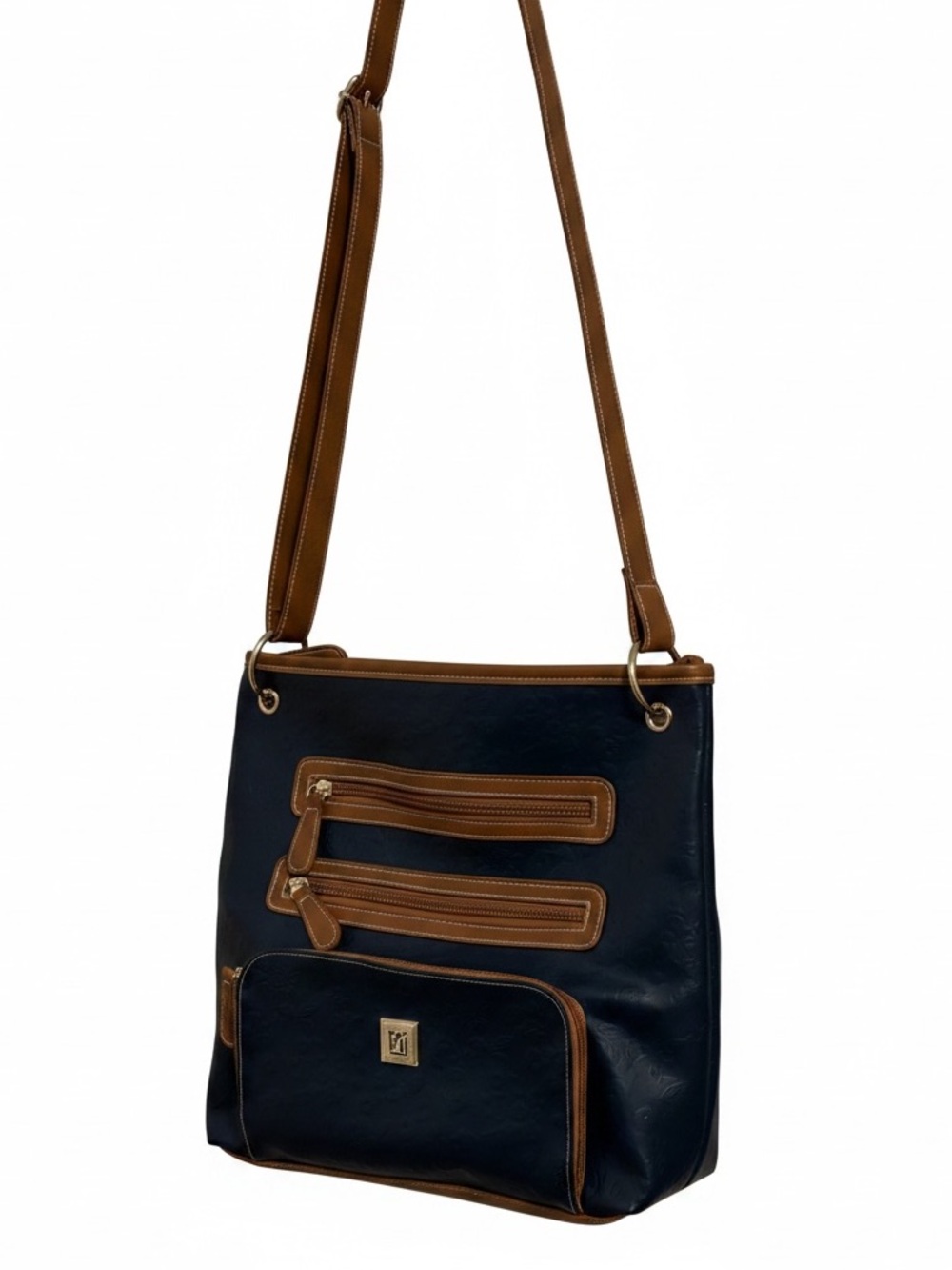 Stone Mountain Accessories Blue & Brown Crossbody Bag with Front Zips